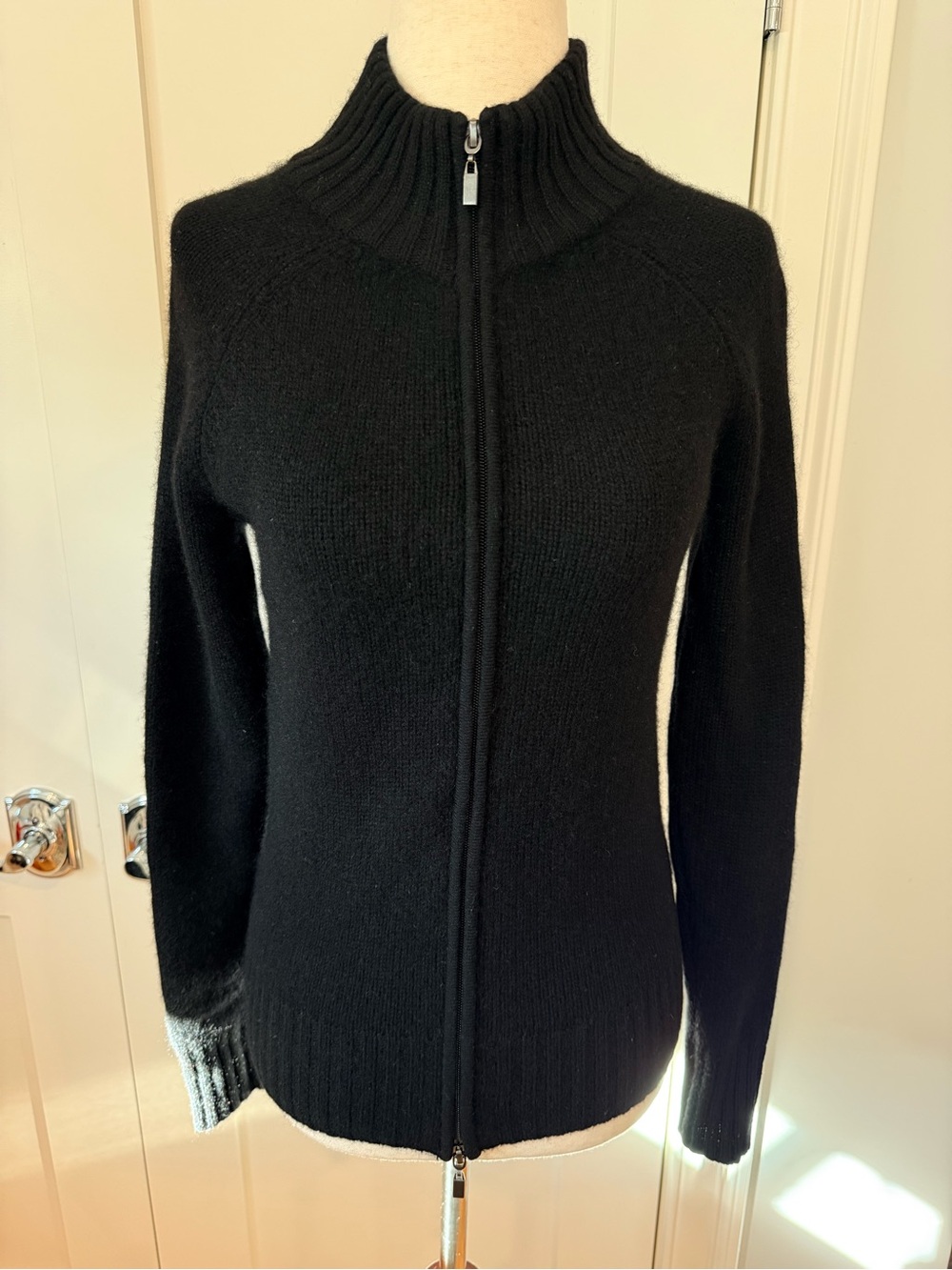 Lord & Taylor Cashmere Black Zip-Front Ribbed Collar Cardigan Sweater